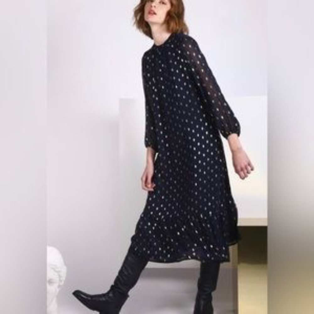 VILAGALLO NAVY and GOLD MIDI DRESS